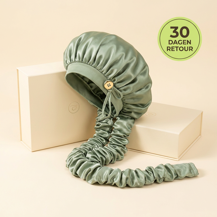 Satijnen curl bonnet met doos en garantiebadge